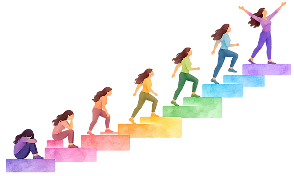 Illustration of a woman moving up colorful steps from feeling overwhelmed toward growth, healing, and hope.