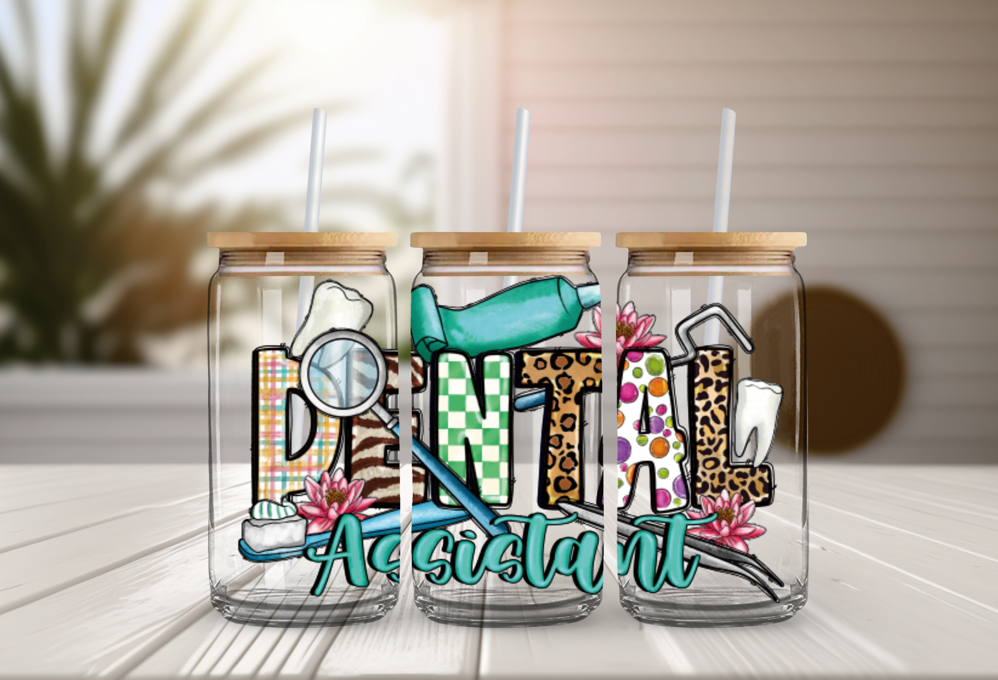 Dental Assistant- 16 oz Decorated Glass with Bamboo Lid ; Straw