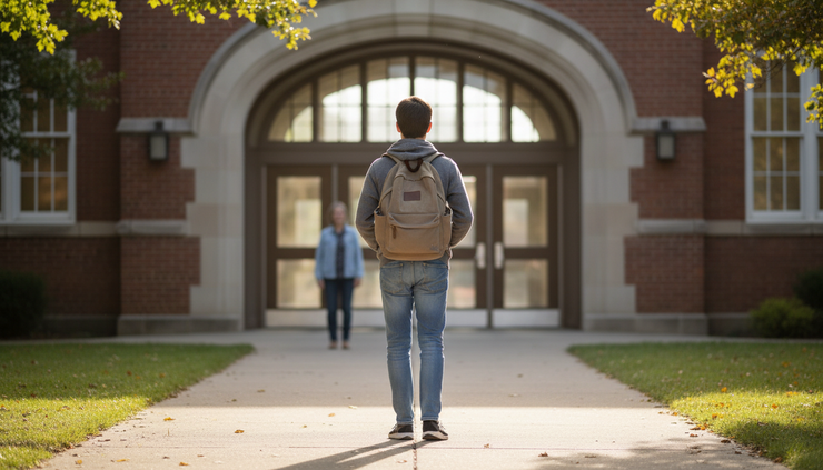 Back view of a teenager walking toward a school entrance in morning light