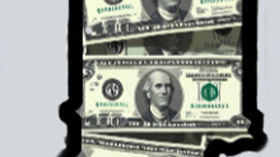 The shape of the State of Indiana with dollar bills.