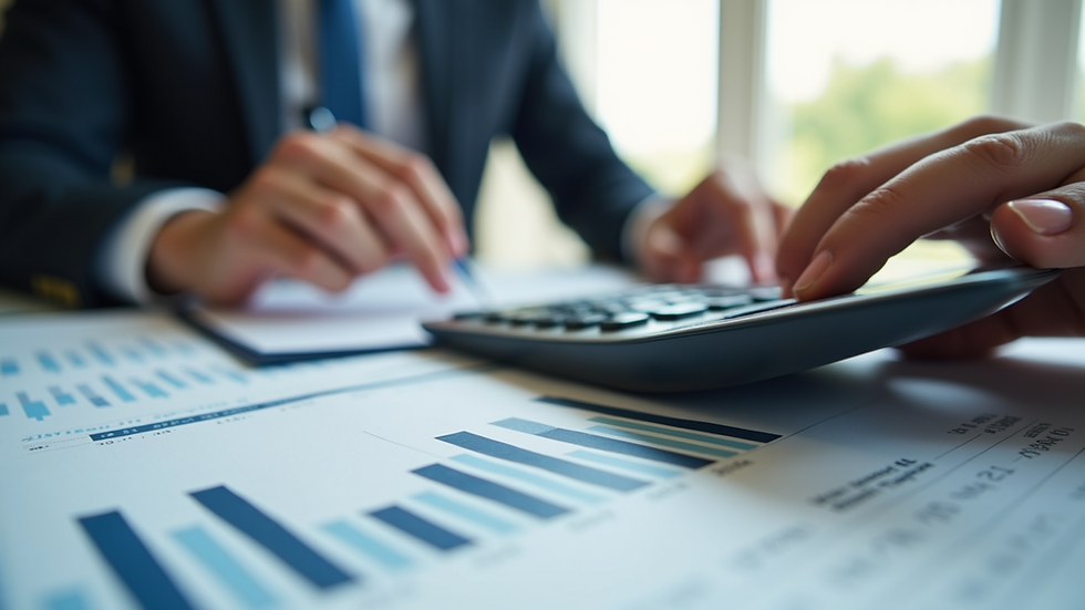 Eye-level view of a person reviewing financial documents with a calculator