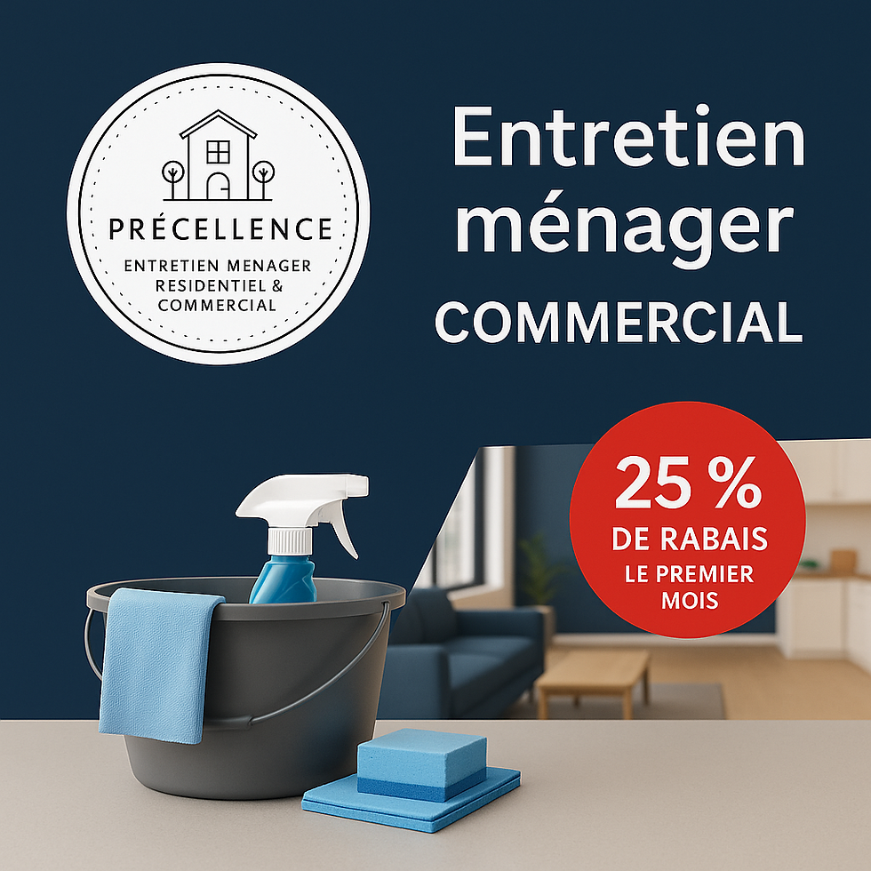 Seau gris avec spray et chiffon bleu sur table, fond salon. Texte: Entretien ménager commercial, 25% de rabais le premier mois.
Garderie, CPE. Entretien ménager Précellence.