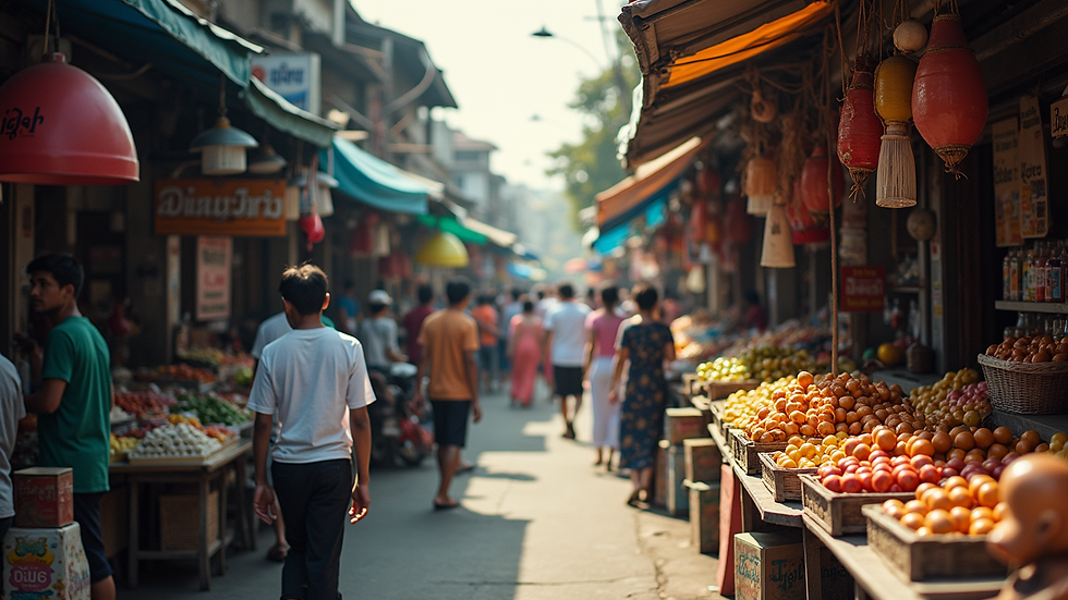 High angle view of a bustling Thai street market with colorful stalls