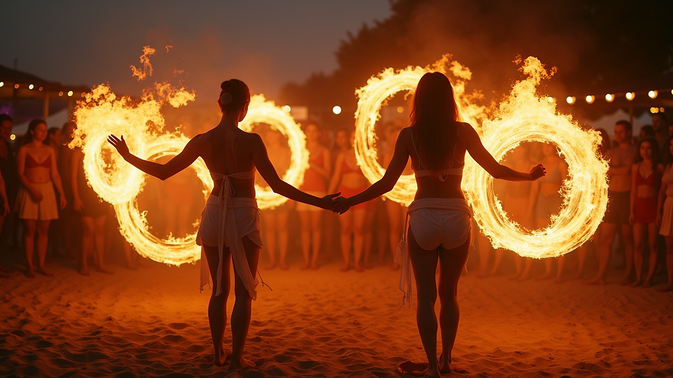 High angle view of a beach party with fire dancers during the Full Moon Party