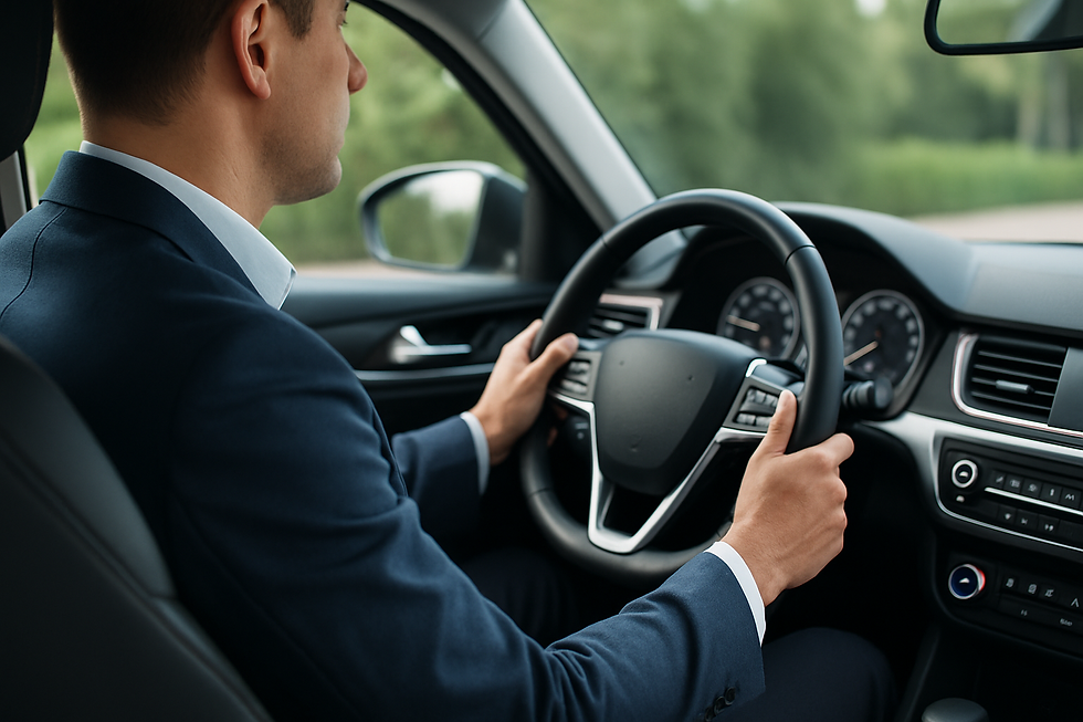Professional chauffeur in business casual attire driving a black luxury car, showcasing the interior and hands on the steering wheel, representing executive car service in Austin