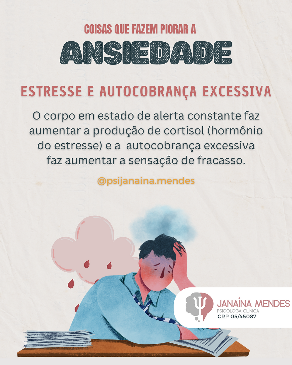 Alguns fatores podem piorar significativamente a ansiedade, como o estresse, a autocobrança excessiva, o isolamento social, a procrastinação e a falta de planejamento: