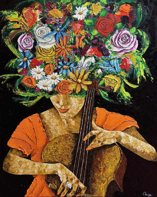 Un tableau réalisé à l'acrylique représentant Alma, une violoncelliste. Des fleurs, de la couleur, de la texture pour une décoration unique.