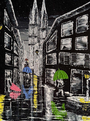 En ville. Tableau Noir&Blanc à l'acrylique.