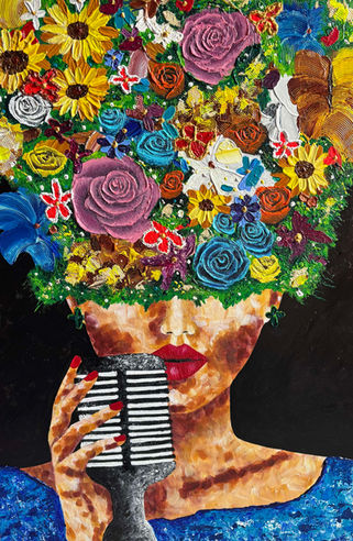 Un tableau réalisé à l'acrylique représentant une choriste. Des fleurs, de la couleur, de la texture pour une décoration unique. 