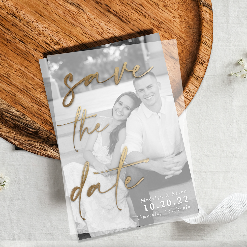 vellum foil invitation,  save-the-date gold foil,
