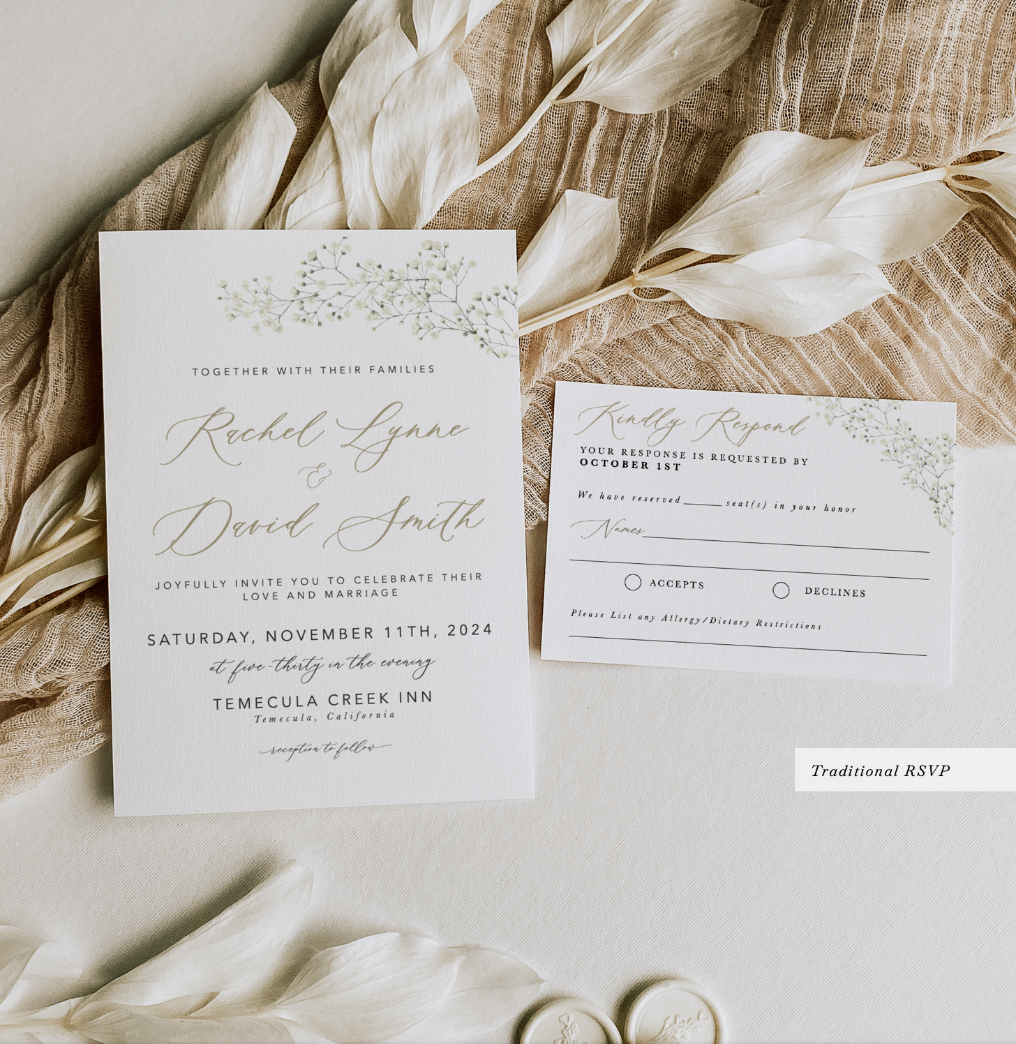 baby's breath wedding invitation and rsvp card