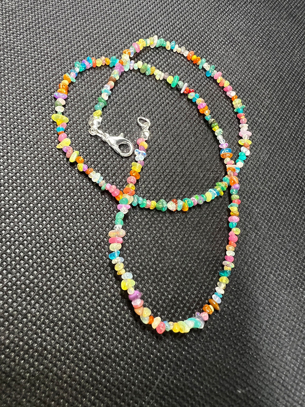 Close-up view of colorful beaded necklaces