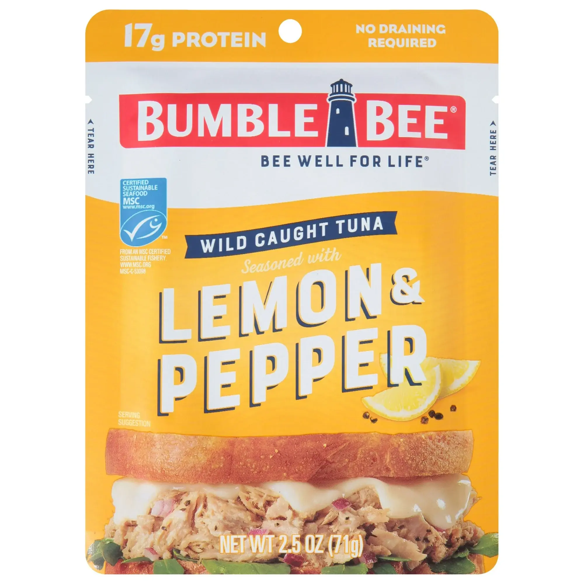 Bumble Bee Lemon & Pepper Seasoned Tuna, Ready to Eat Pouch, 17g of Protein per