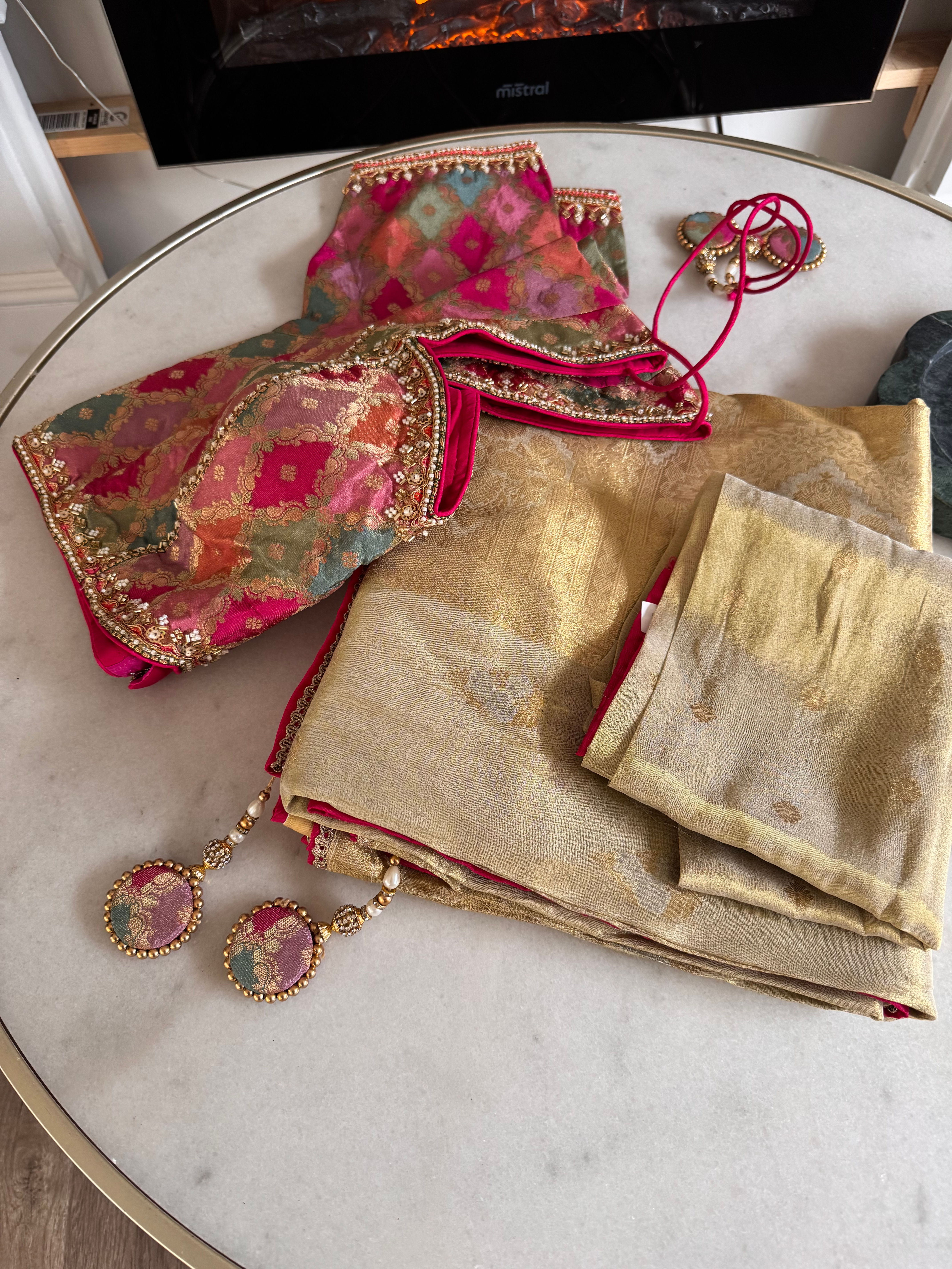 Gold & Rani Pink Brocade Silk Saree Set
