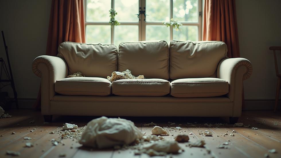 Eye-level view of a large old sofa being prepared for rubbish removal