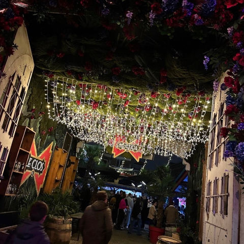 Entrée et plafond du Clos à Reims habillés d’un décor floral et de lumières