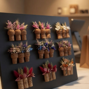 Triptyques de trois bouchons décorés de fleurs séchées, présentés sur un support