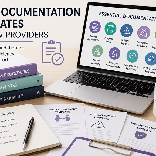 NDIS documentation templates for new providers displayed with policy folders, forms, a laptop and a starter checklist