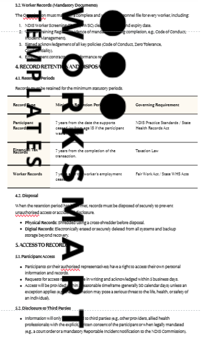 NDIS Information Management Policy Template record-keeping and retention page.
