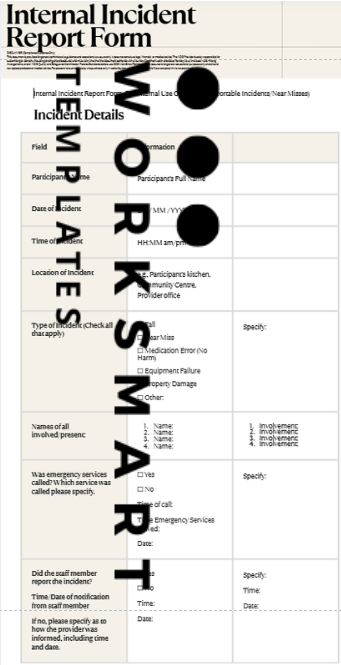Editable NDIS incident report form template for providers documenting incidents, follow-up actions and audit preparation records