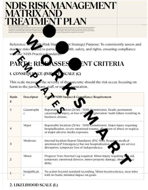 Short overview of the NDIS Risk Management Matrix and Treatment Plan Template, including consequence and likelihood scales.