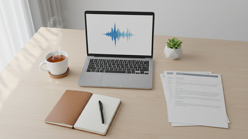 High angle view of a calm workspace with a notebook, pen, and a cup of tea