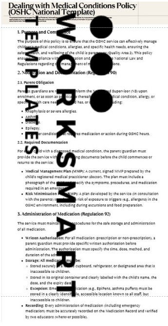 OSHC Dealing with Medical Conditions Policy showing MMP/RMP documentation requirements (Reg 90).