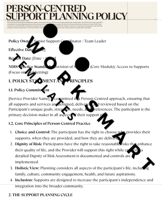 Person-Centred Support Planning Policy document with watermark
