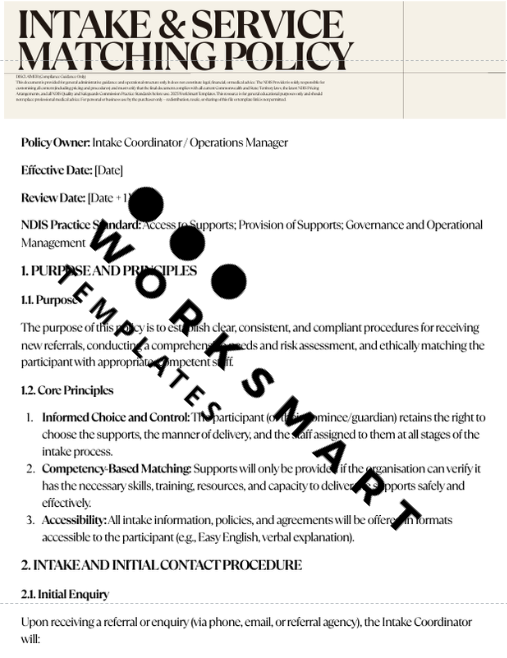 Intake & Service Matching Policy document, Work Smart Templates.