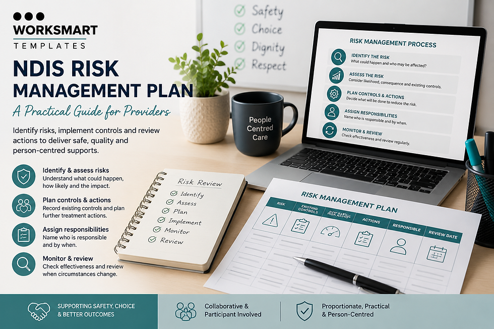 NDIS risk management plan displayed beside a laptop, showing risk identification, controls, responsibilities, monitoring and participant-centred review.