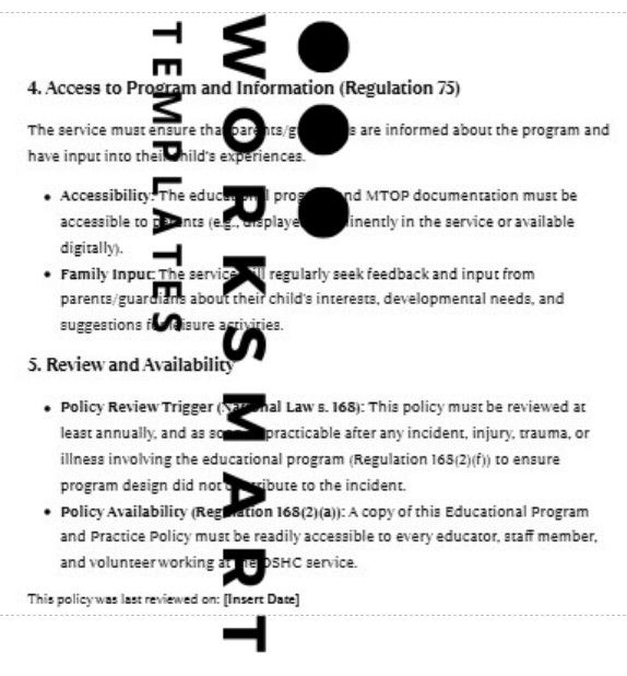 OSHC policy document with program access and review sections