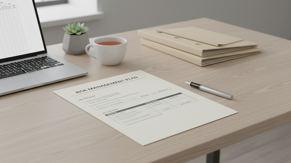 Eye-level view of a printed risk management plan on a desk with a pen