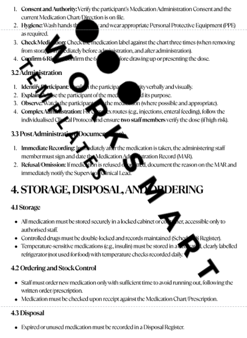 Document on medication administration with 'WORK SMART TEMPLATES' watermark.