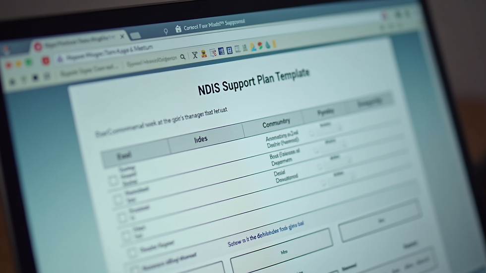 Close-up view of a computer screen showing a filled NDIS support plan template