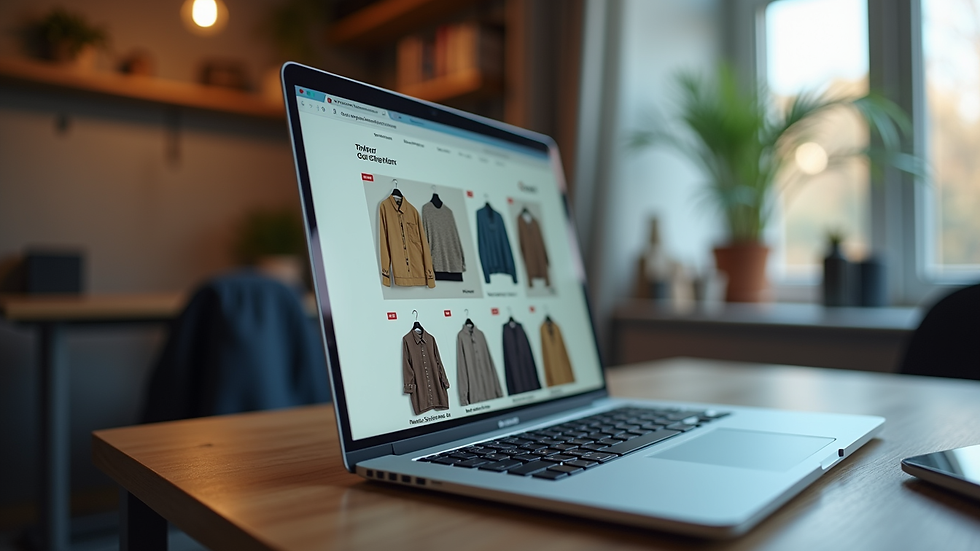 Close-up of a laptop screen showing an online clothing store