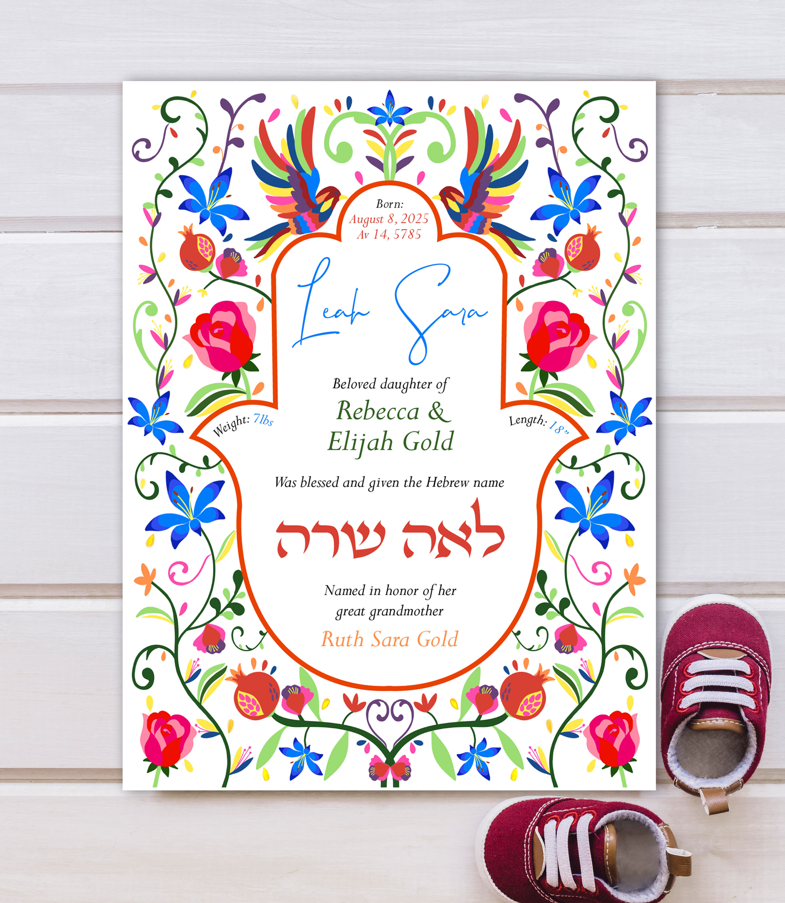 Otomi Garden - Hebrew Baby Naming Certificate