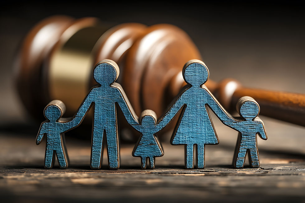 Wooden family figures holding hands stand in front of a gavel. The setting suggests a legal or family law context. Mood feels formal.
