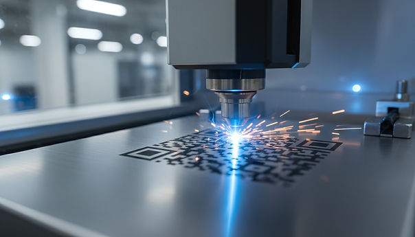 High-precision plastic laser etching in progress, using a focused beam to create a detailed QR code on a durable surface.
