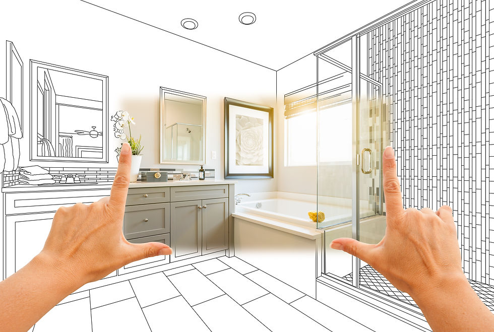 Hands frame a bathroom with half-drawn, half-real design. Features include a sink, mirror, tub, and shower, with warm lighting.
