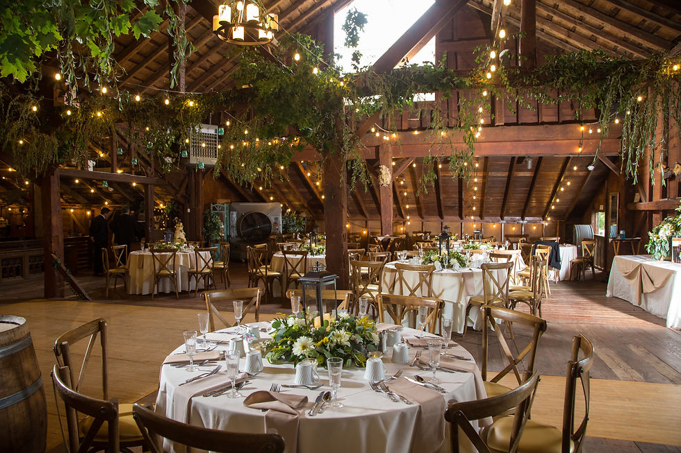 Rustic wedding and event venue at Stable Gate Winery featuring wooden beams, string lights, hanging greenery, and elegantly set round tables for receptions and private events.