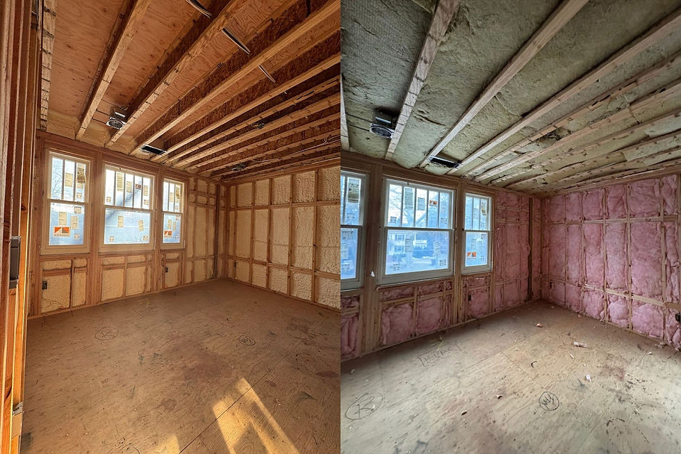 As pictured above, the closed cell spray foam “flash” (left) is applied first, followed by the fiberglass “batt” (right).