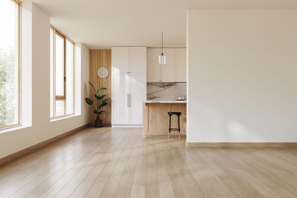 Minimalist kitchen with wood floors, white cabinets, marble backsplash, and a potted plant. Large windows let in natural light. Calm ambiance.