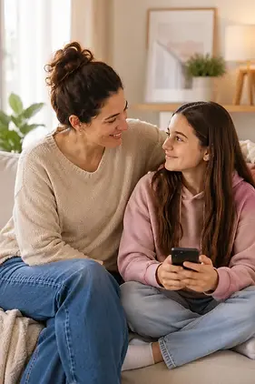 אמא ובת מתבגרת יושבות יחד בבית ומשוחחות על רשתות חברתיות וביטחון עצמי