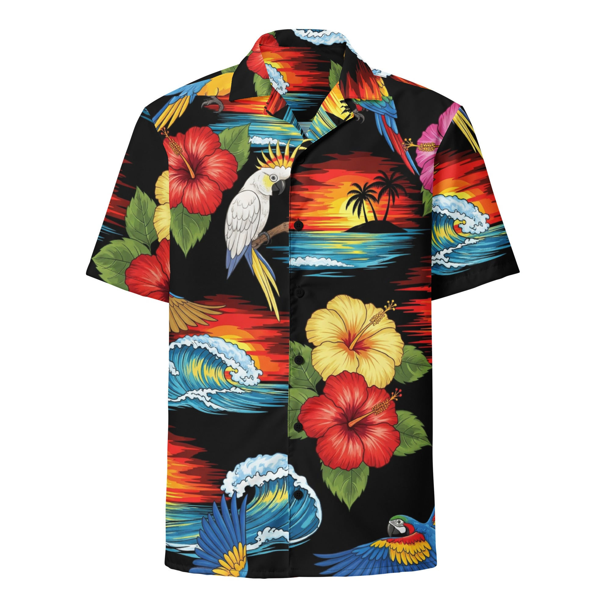 Tropic Scenes Black Aloha Unisex Button Hawaiian Shirt