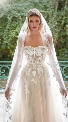 Charming A-line pink tulle wedding dress. The oversized lace petals and modern design enhance the femininity of the sleeveless bodice with a sweetheart neckline. Nicole Milano Chiara