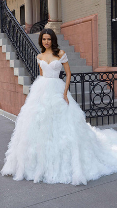 Ruffled skirt ballgown wedding dress, soft tulle and off the shoulder straps. Josefina from Blu by Mori Lee