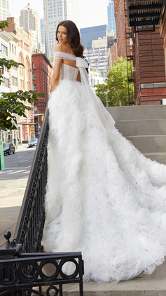 Ruffled skirt ballgown wedding dress, soft tulle and off the shoulder straps. Josefina from Blu by Mori Lee