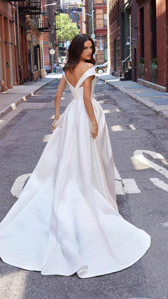 Satin blue or ivory classic aline wedding dress with a slit. Joanie from Blu by Mori Lee