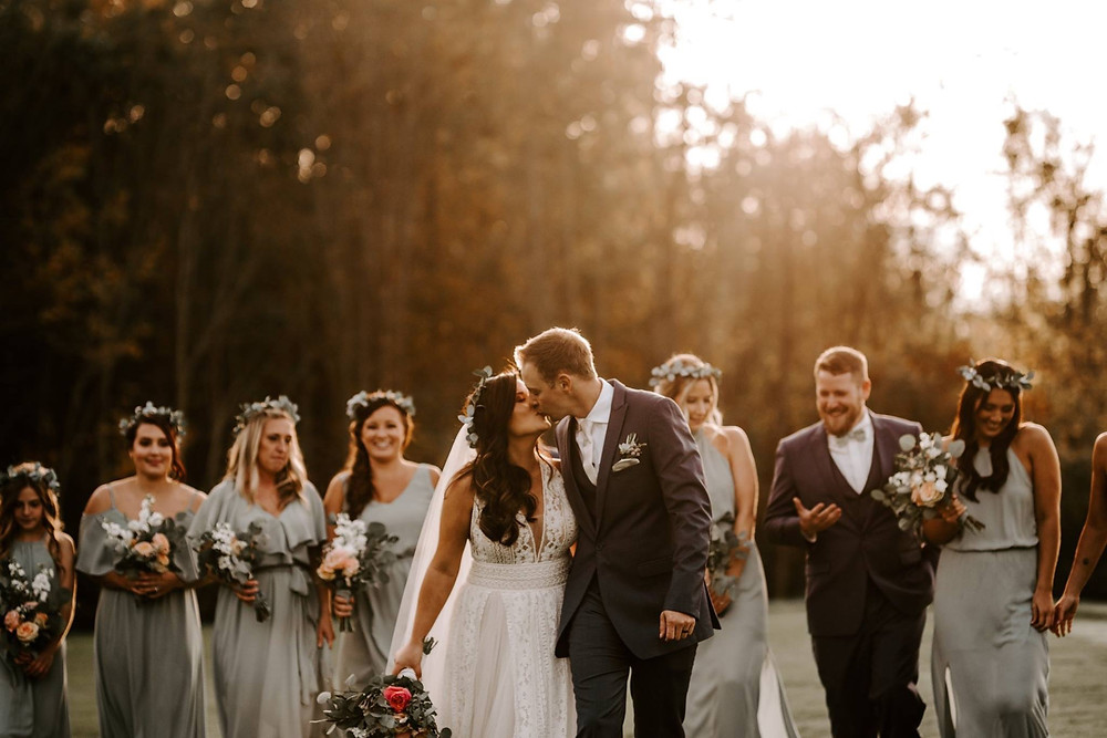 bridal party in light grey with floral crowns