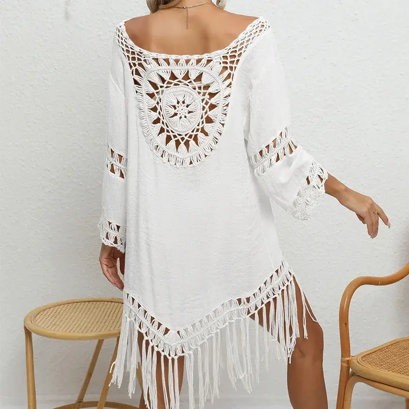 Miniatura: Fringe Beach Dress Tunic Cover Ups Crochet Cover-Ups Knitted Tassel Sarong Saida